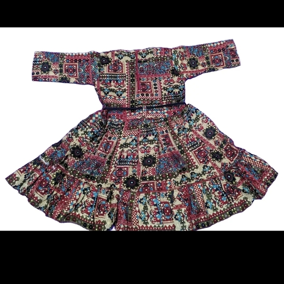 Ethnic Printed Kids KneeLength Buttoned Belted Zipper Dress Festival Trendy Look - Picture 2 of 3